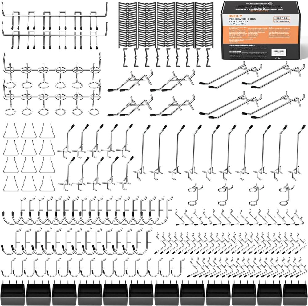 INCLY 278PCS Pegboard Accessories Organizer Kit Peg Board Hooks Set with