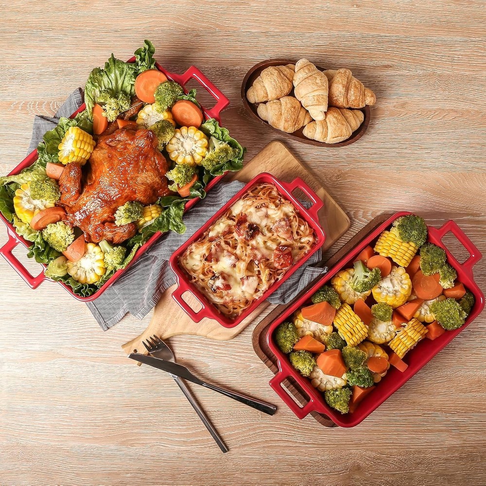 Red Ceramic Baking Pans Set 3pc Rectangular Lasagna Casserole Dish