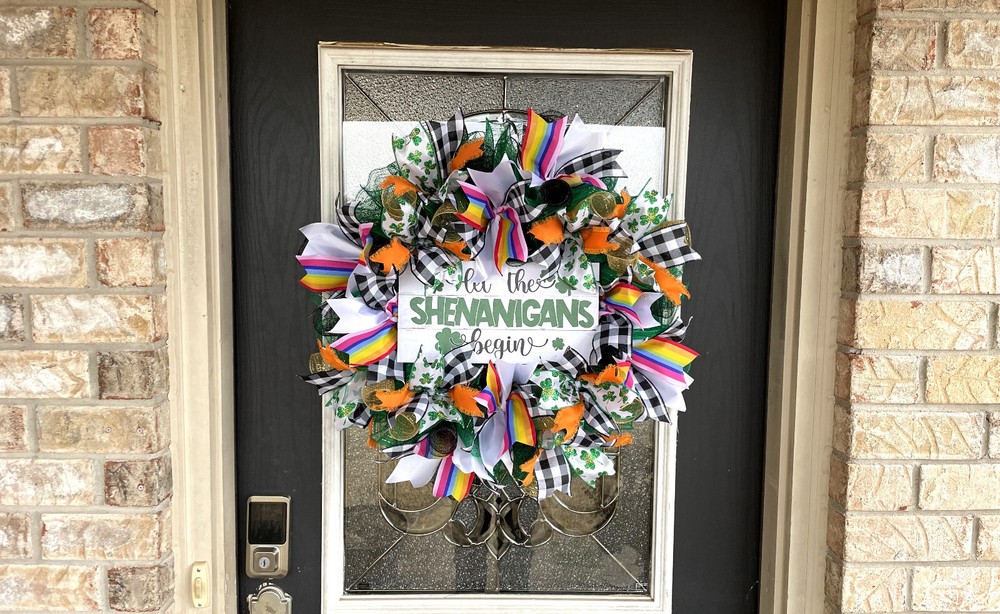 Rainbow Clover LetShenanigans Begin St. Patricks Day Deco Mesh Front Door Wreath