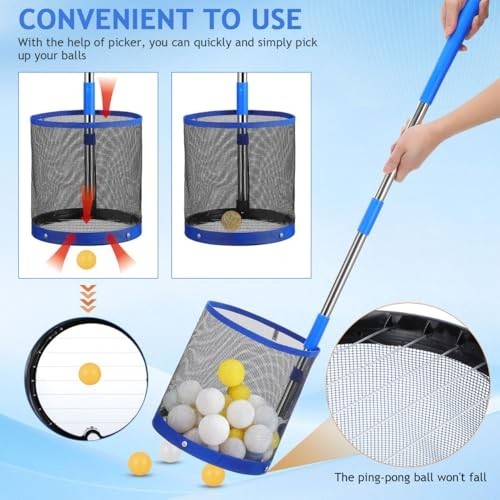 Table Tennis Ping Pong Ball Picker Upper Retriever with Adjustable Handle & Net
