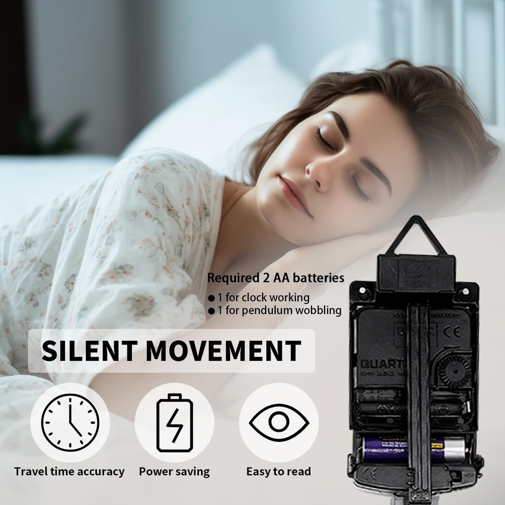 Decorative Silent Quartz Wall Clock with Pendulum, Battery Operated, Large fo...