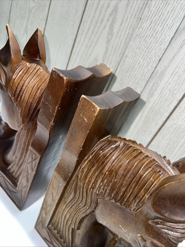 Vintage Pair Monkey Pod Solid Wood Horse Bookends Rustic GUC