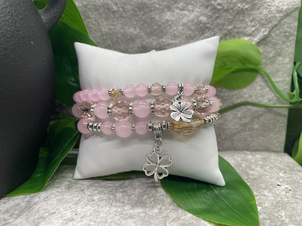 3 PC Handmade Boho Beaded Stackable 7” Plus Stretch Bracelet Set Clover B2505