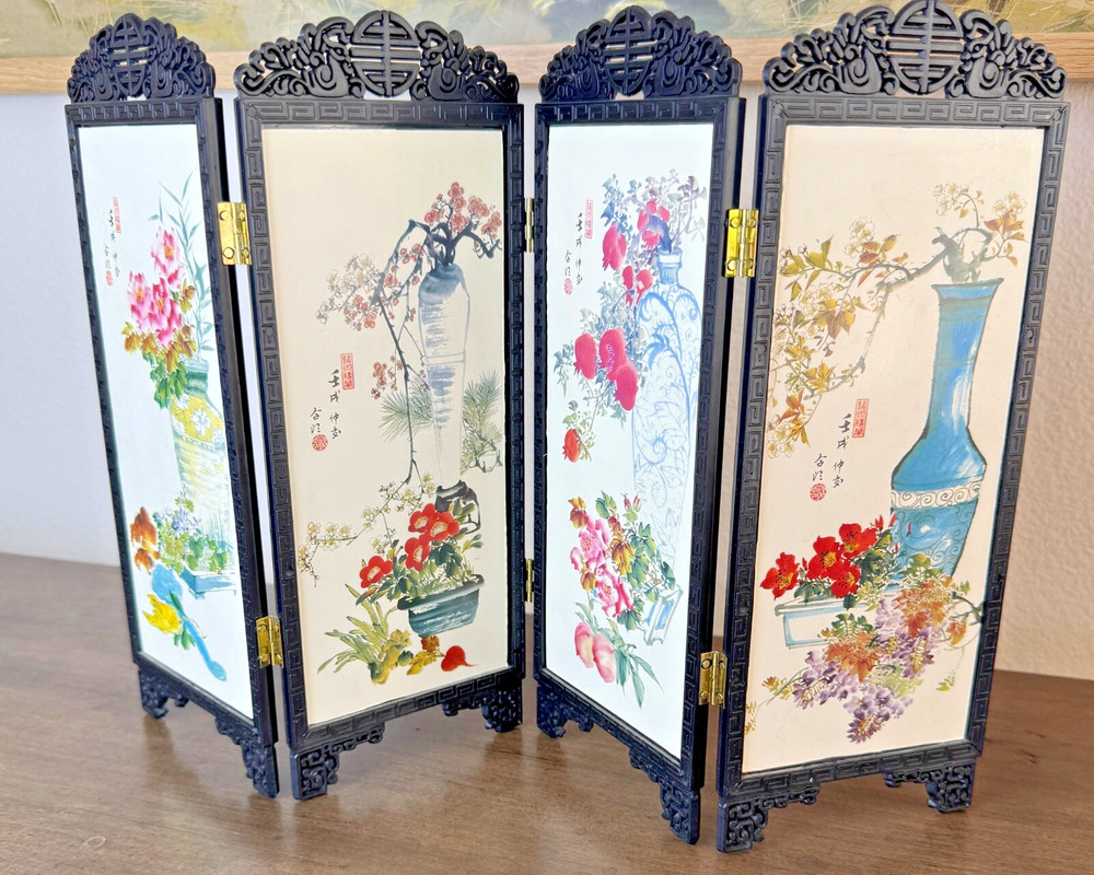 Chinese Mini Folding Screen PINGFENG 4 Panels Plastic - Both sides are different