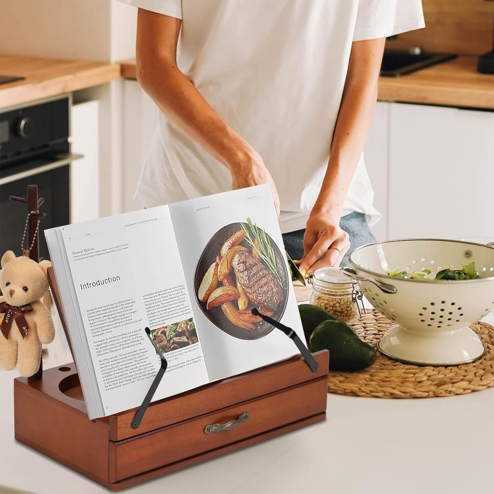 Adjustable Wooden Book Stand with Storage - Multi-Function Hands Free Book Ho