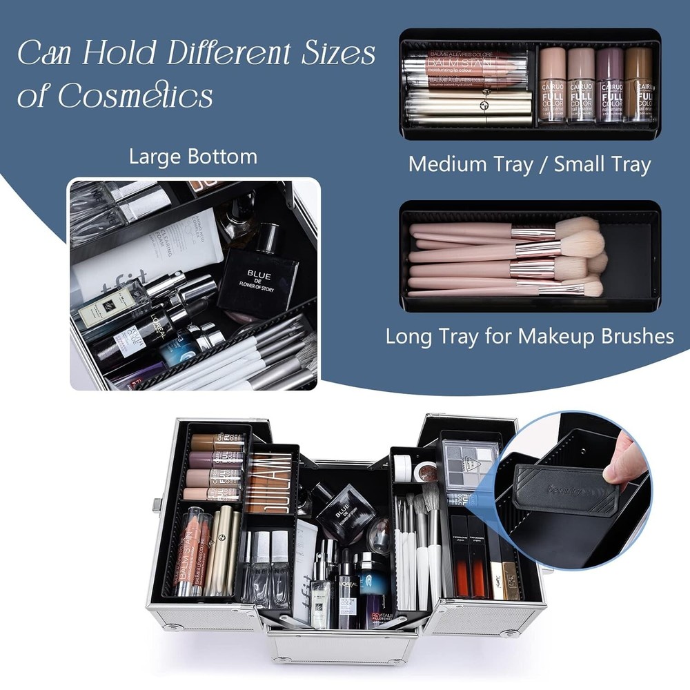 Portable Makeup Train Case with Lockable Storage - 4-Tier Trays - Bright Silver