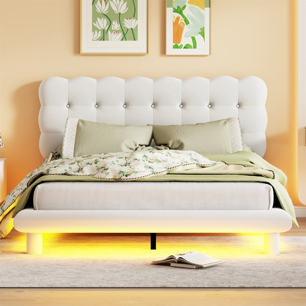 Queen Size Bed Frame Upholstered Platform Bed Frame w/ LED Lights US