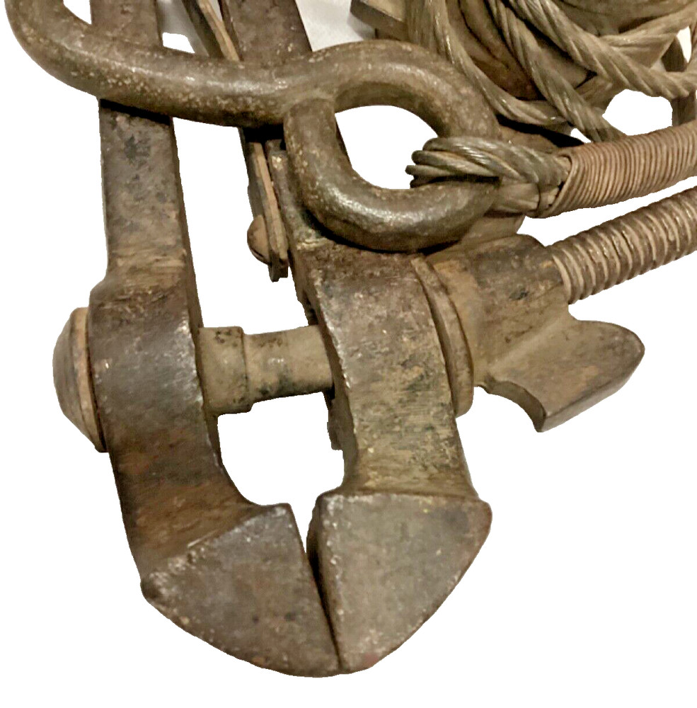 Salvage Vintage Hand Forged Solid & Heavy Factory Winch/Pulley/Hook & Cable