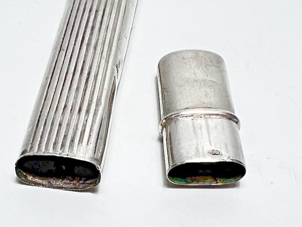 1900s Antique Austria Sterling Silver Chatelaine Sewing Needle Case Striped Box