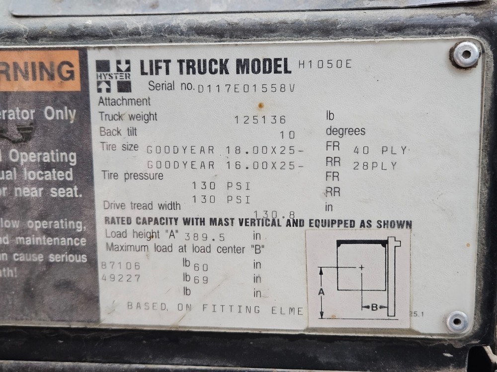 Hyster H 1050 E forklift with, container handler Attachment, Cummins M-11,
