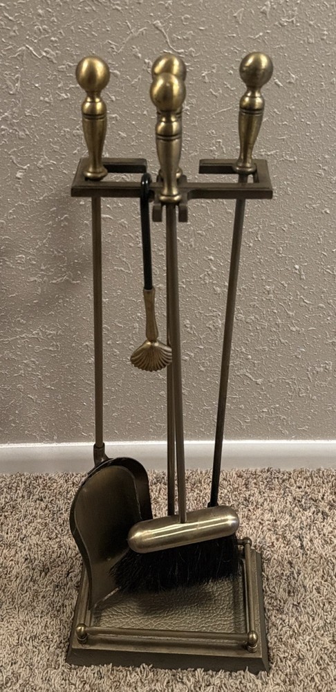 Vintage Brass 3pc Fireplace Tool Set w Cast Iron Base (219) - 28”