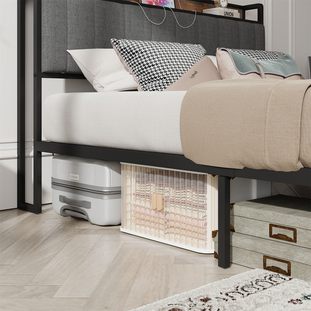 Full Size Bed Frame with Upholstered Headboard Metal Platform Bed w/ Outlet