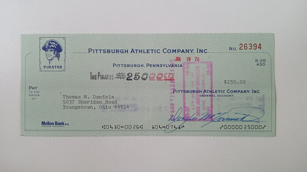 Thomas M. Daniels: 1978 Pittsburgh Pirates Expense Check