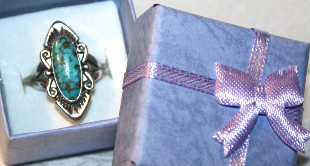 STERLING SILVER GORGEOUS MATRIX TURQUOISE SCROLL RING SIZE 5.75 BELL POST STYLE