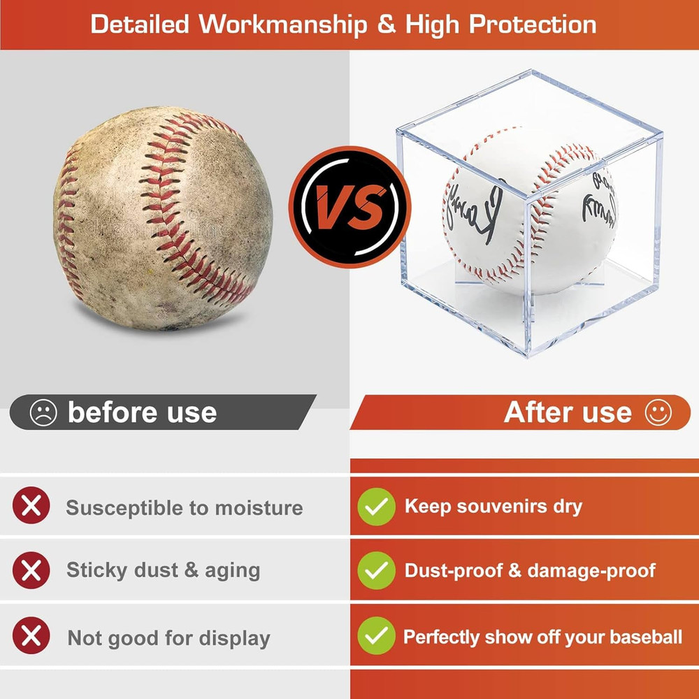 8 Pack Baseball Display Cases - UV Protected Acrylic Square Baseball Holder, Off