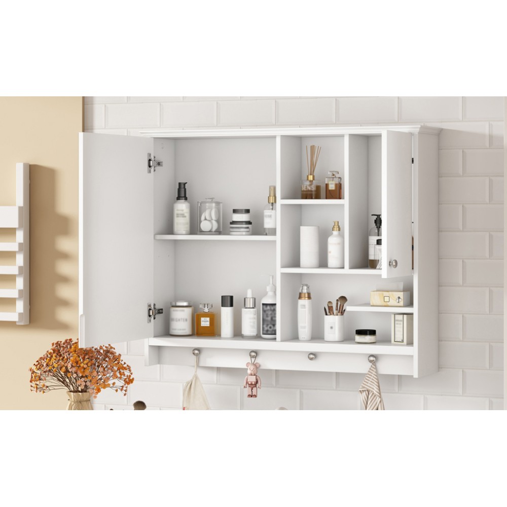 Wall-mounted medicine cabinet with mirrored doors and adjustable shelves