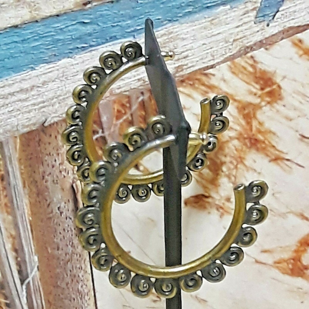 Statement Antique Gold Tone Scroll Design Hoop Earrings