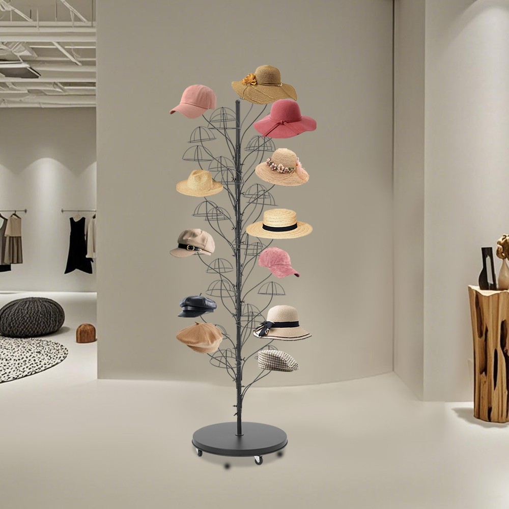 35-hanger Hat Display Stand, Black Floor-Standing Hat Display Rack with Wheels