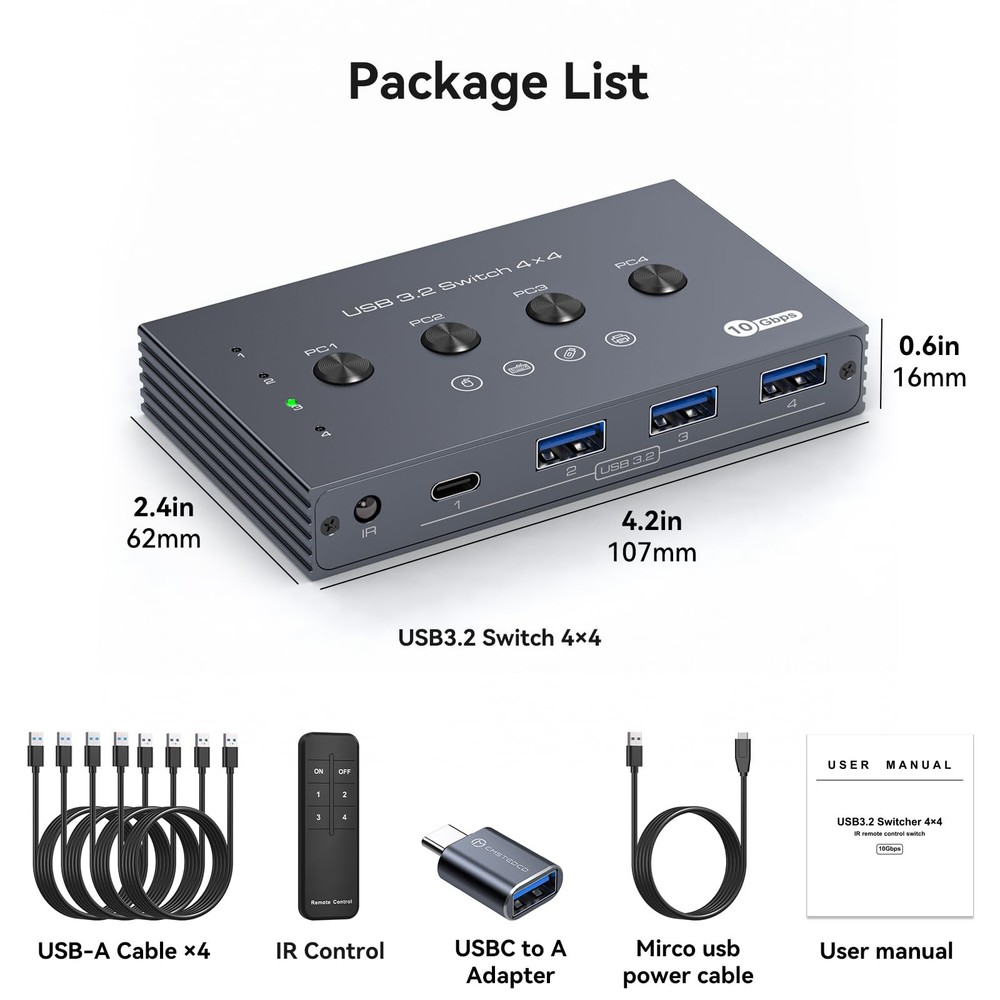 USB 3.2 Switch Selector 4 Computers Share 1 USBC & 3 USBA Devices 10Gbps 4 Po...