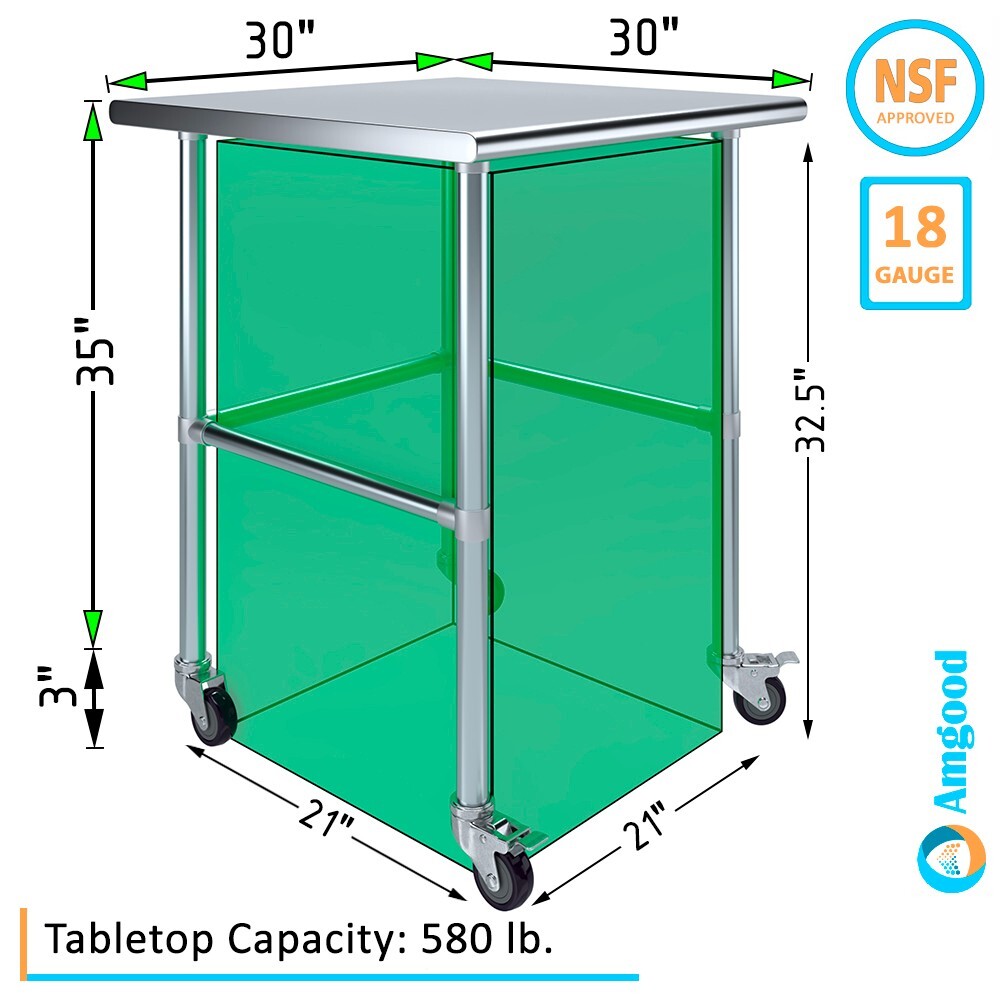 30 in. x 30 in. Stainless Steel Work Table Open Base & Wheels | Mobile Table