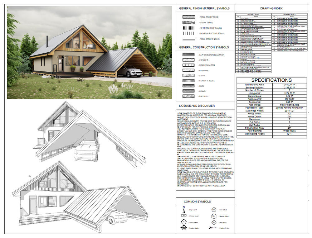 42'x70' 2 Bed, 2 Bath A-Frame Cabin Architectural Build Plans PDF Download