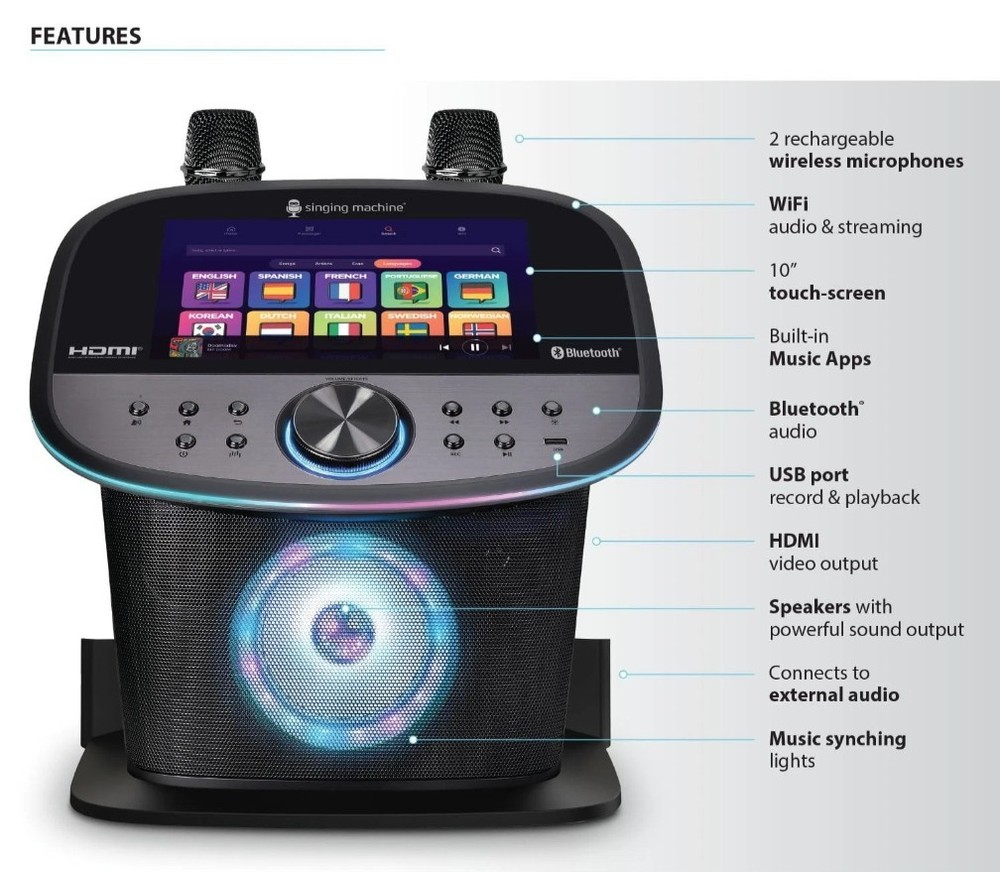 Singing Machine Pulse Premium Wi-Fi Karaoke System 10" Touchscreen Wireless Mics