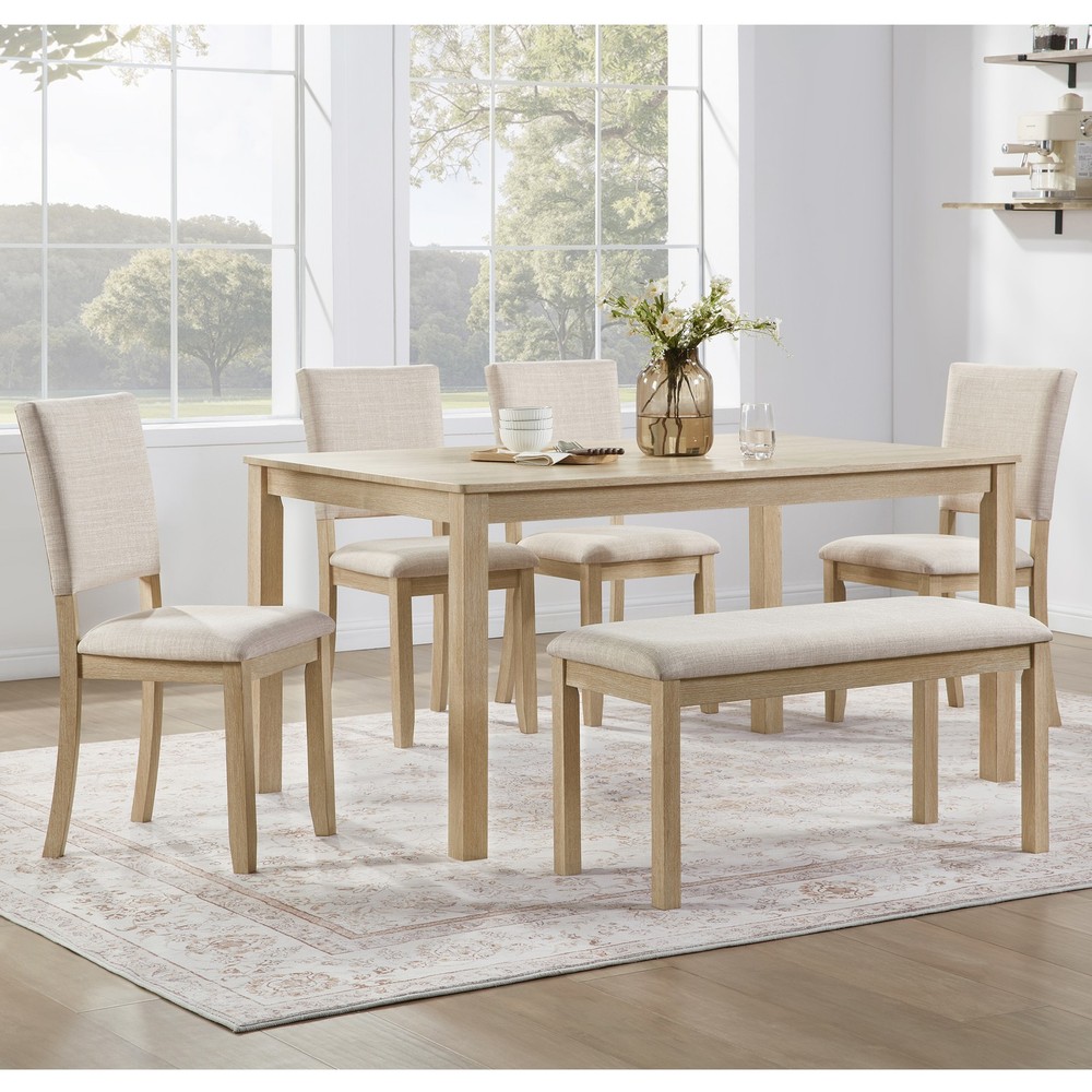 6Pcs Dining Table Set with Bench, Wooden Rectangular Kitchen Table Set, Modern