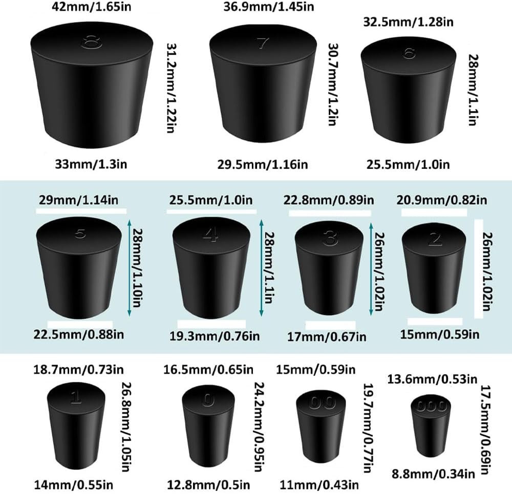 30PCS Assorted Solid Rubber Stoppers 11 Sizes Tapered Lab Bungs Set