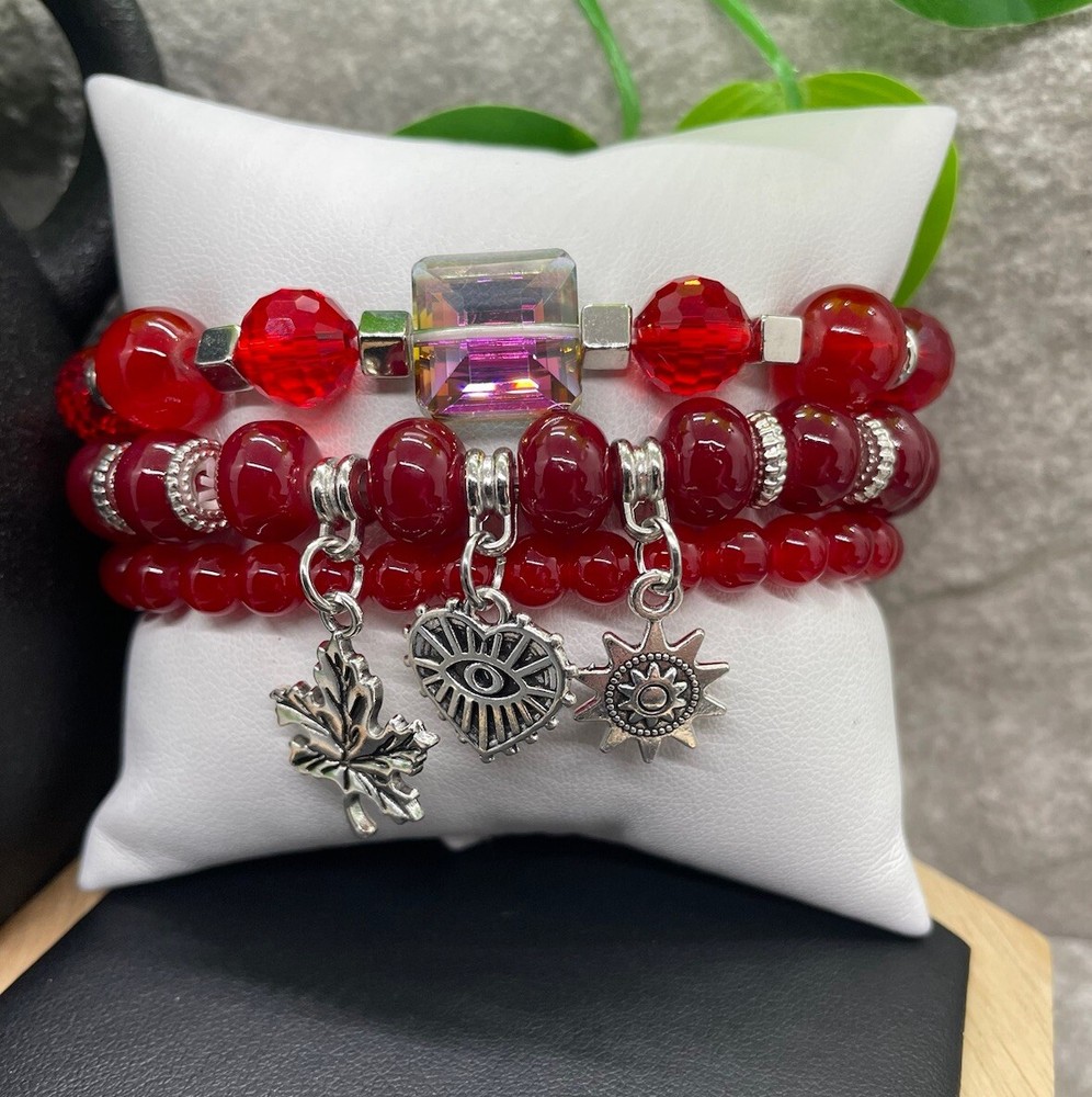 3 PC Handmade Boho  Beaded Stackable 6.5” Plus Stretch Bracelet Set New B1331