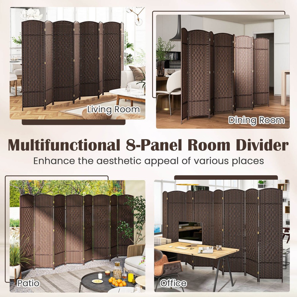 8-Panel Room Divider 6 FT Tall Folding Privacy Screen w/Solid Wood Frame
