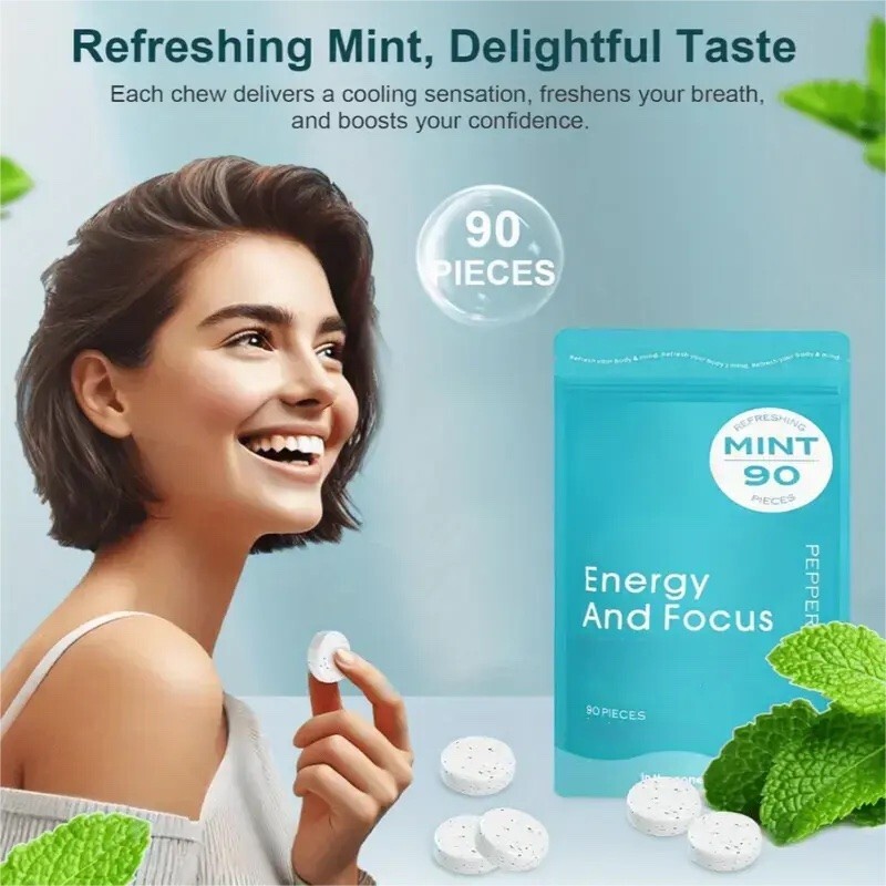 90 Piece Chewable Peppermint Energy Focus Mints Refresh Work Study
