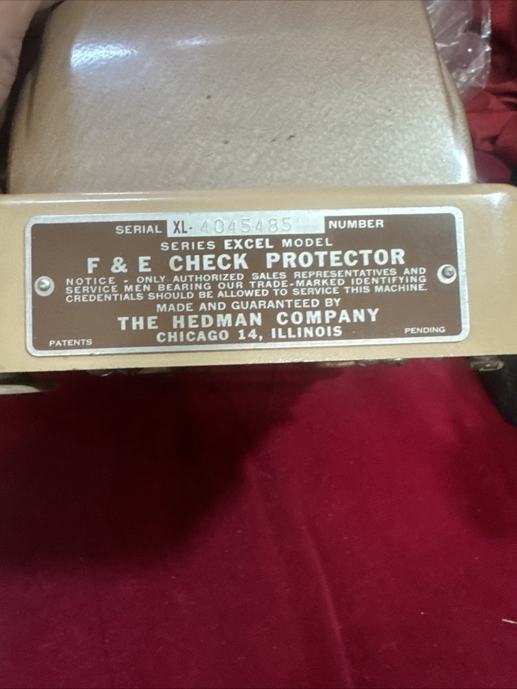 F & E "Excel" Model by Hedman Co Chicago - Vintage Check Printer- Working (D2)