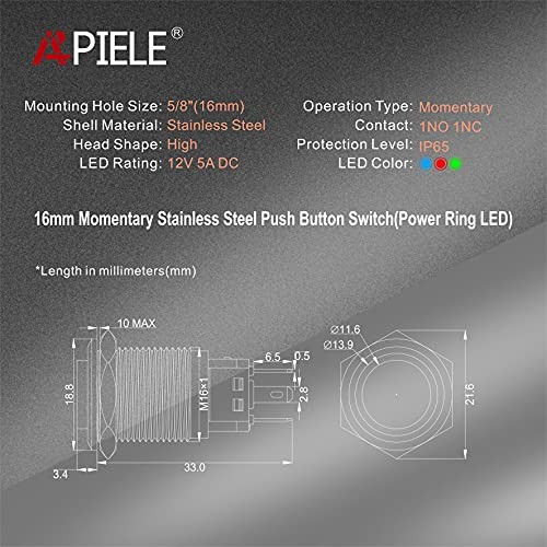 16mm 12V Momentary Speaker Horn Push Button Toggle Switch Red/ Silver Shell