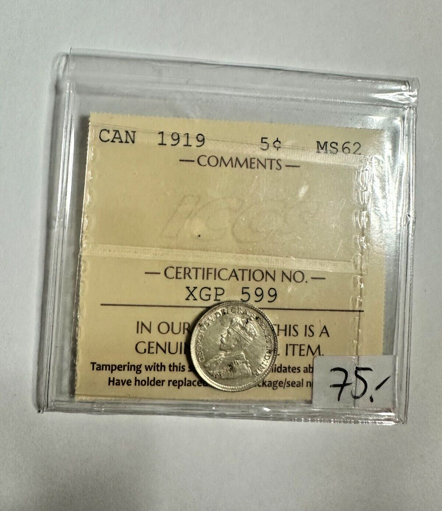 Canada 1919 5 Cent MS62 ICCS Certified