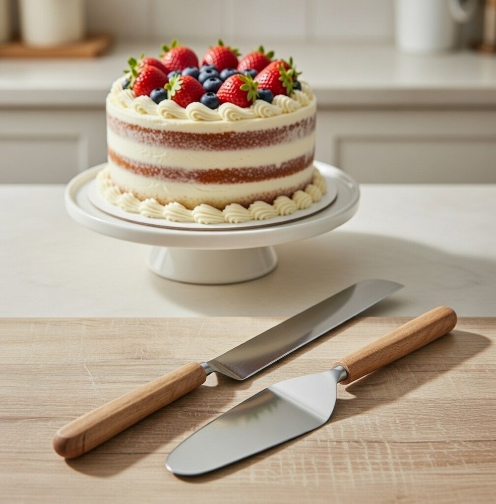 Karma Cake Knife and Server Set wooden handle brushed silver