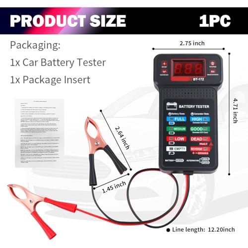 Battery Tester with LED Indicator & LCD Display - 12V Car Battery Load Tester