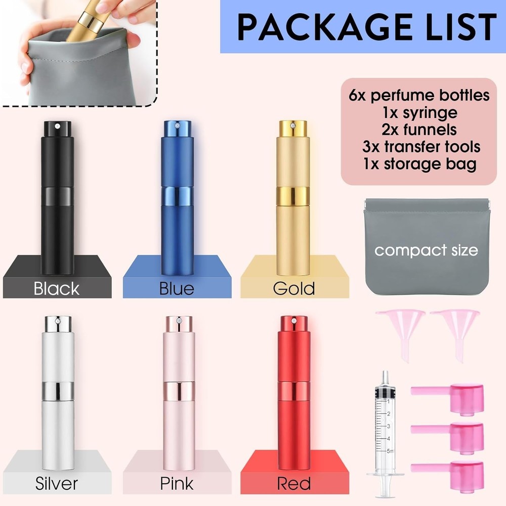 6 Pack 8ML Empty Perfume Atomizer Cologne Travel Spray Bottle for 6 Colors-A