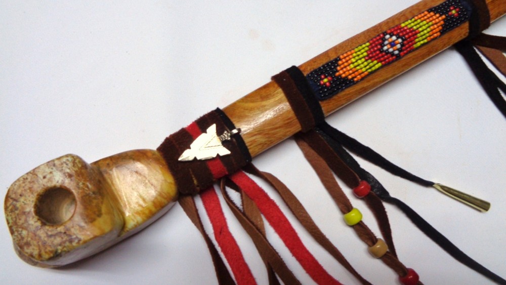 18" Marbled Soapstone Peace Pipe, Apache Arrowhead Spirit Peacepipe