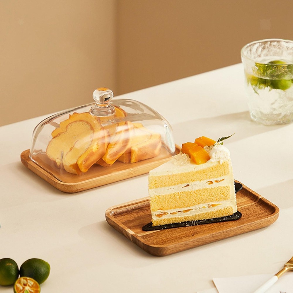 Bamboo Cake Plate Cake Tray Appetizer Platter Rectangular Fruit Plate with Dome