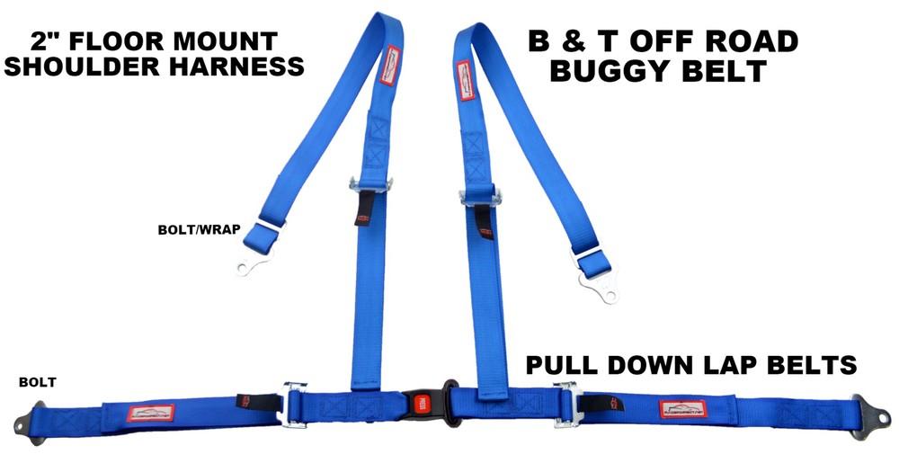 FOUR POINT SEAT BELT HARNESS, FLOOR MOUNT, PULL DOWN LAP BELTS, BOLT IN BLUE