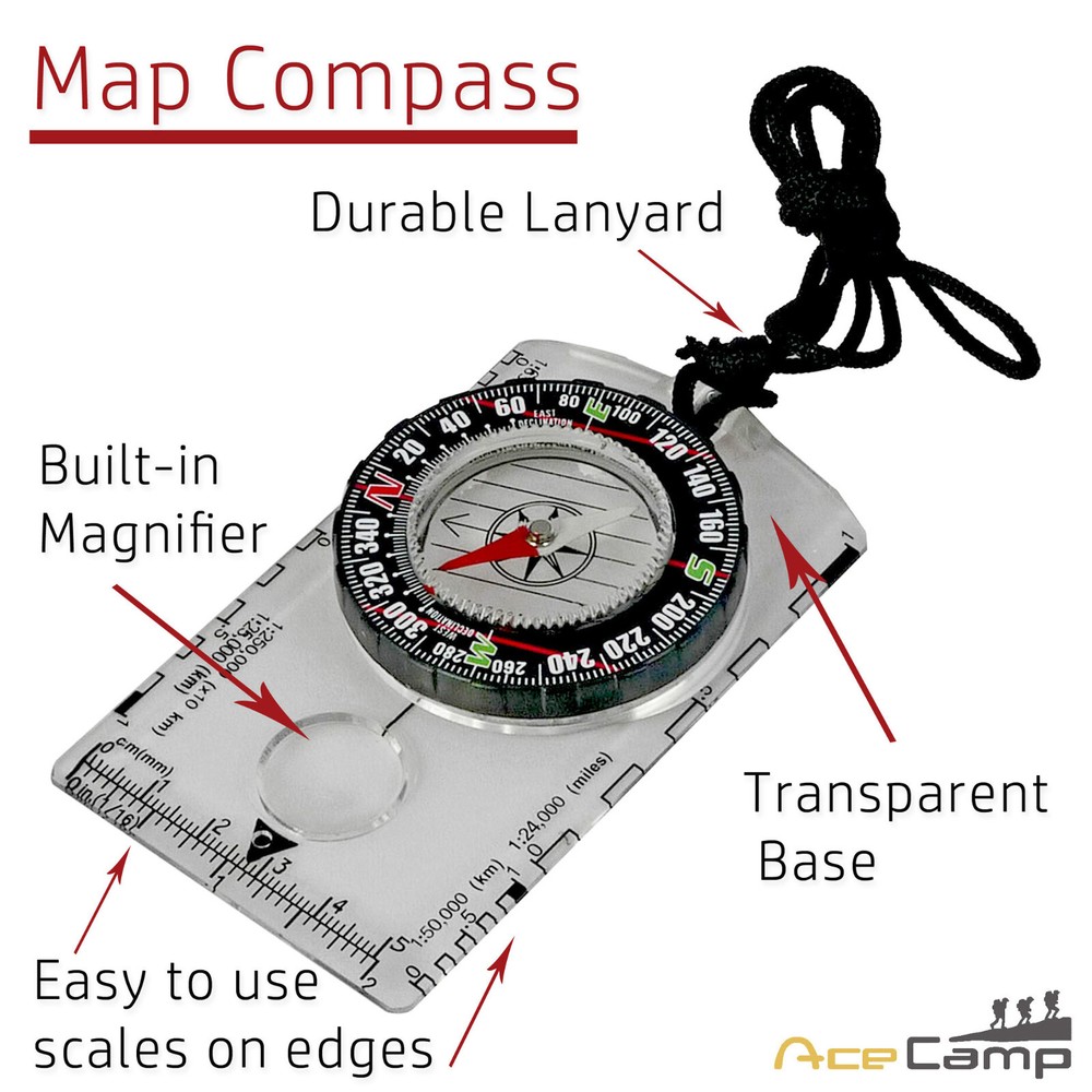 Liquid Filled Compass - Map Compass - Boxed W/Lanyard - Glass + Scale