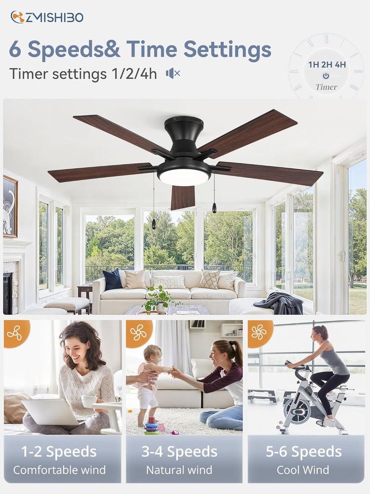 52" Black Ceiling Fan with Remote, Dimmable Lights, Quiet Operation