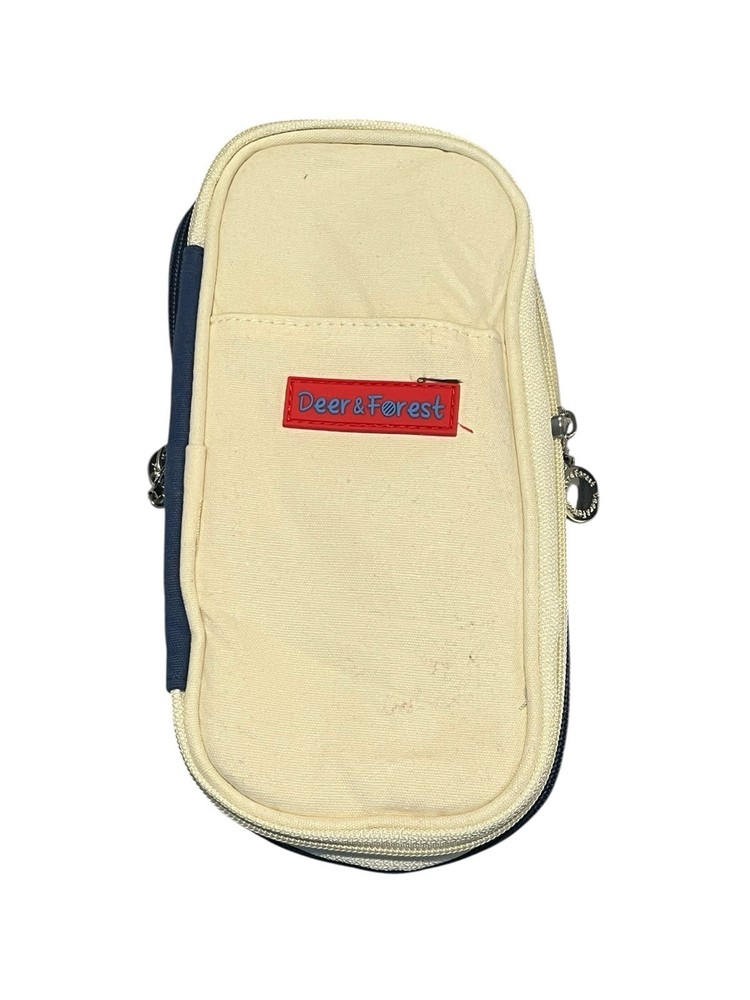 Deer & Forest Canvas Pencil Case Blue White Expandable Multi Compartment NWT