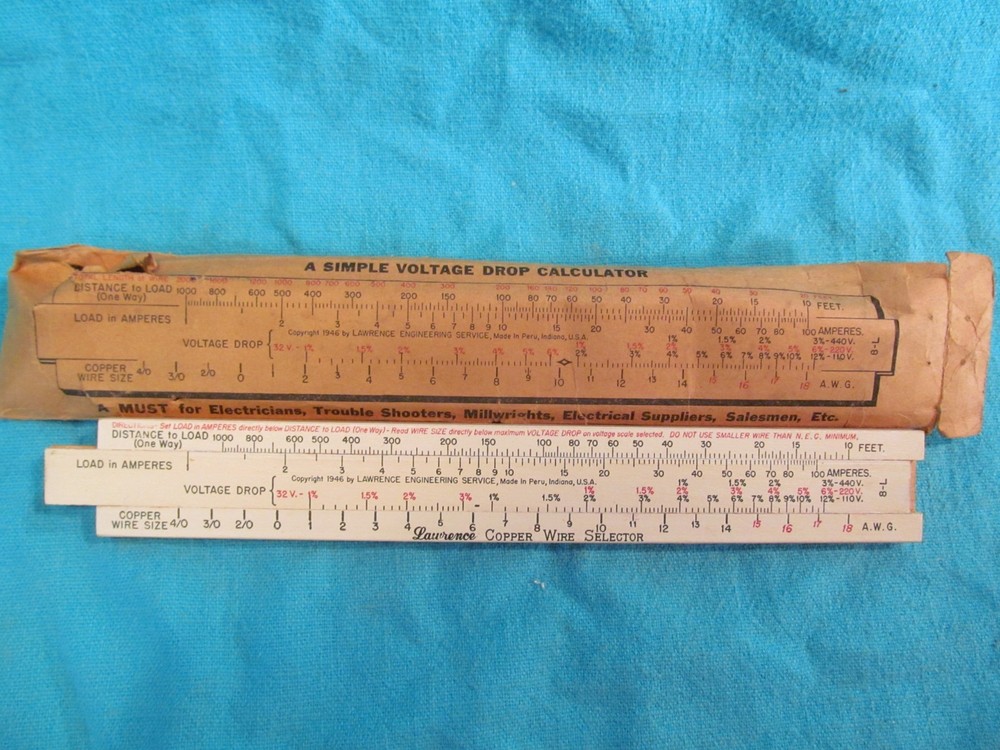 LAWRENCE ENGINEERING COPPER WIRE SELECTOR VOLTAGE DROP SLIDE RULE WITH SLEEVE