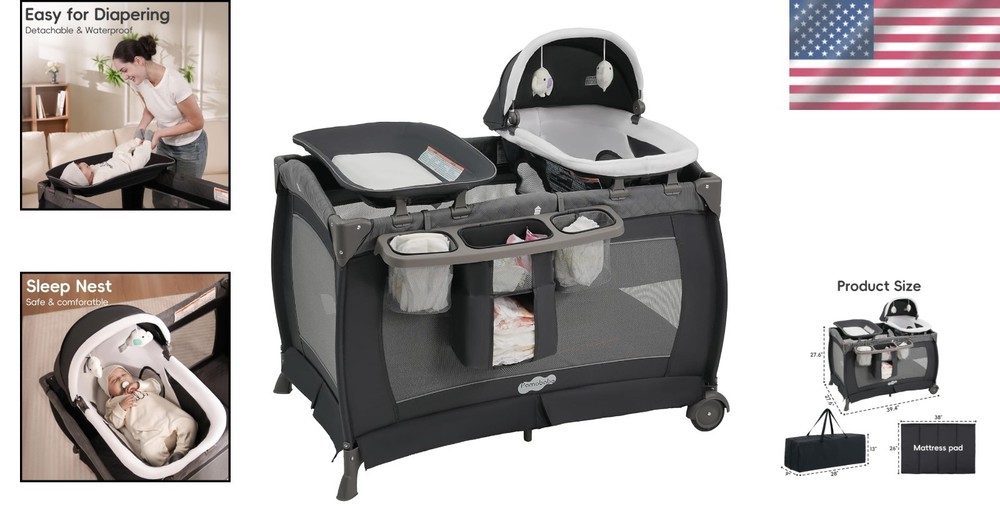 Foldable Playard with Changing Table & Diaper Organizer - For Newborns, Grey