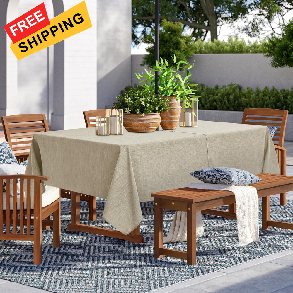 LUSHVIDA Outdoor Tablecloth with Umbrella 84" x 60" (Rectangular), A-natural