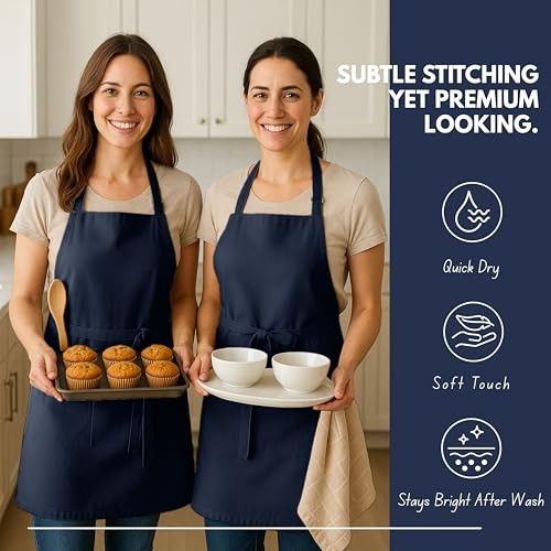 Kitchen Apron 2 Pack - 100% Cotton Adjustable, Durable Apron with Navy Blue