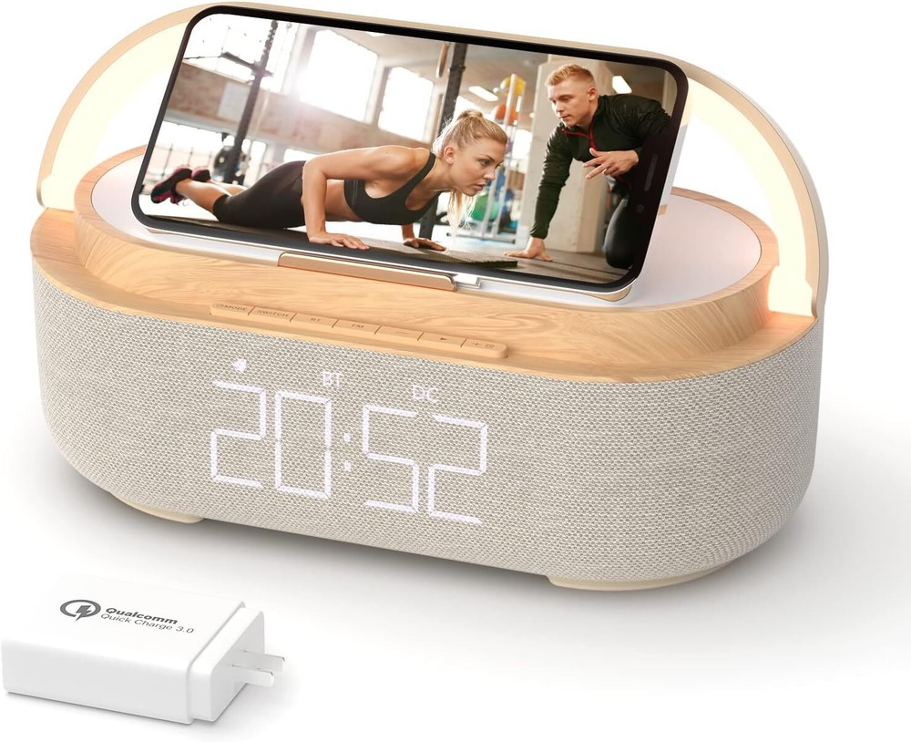 Bluetooth speaker alarm clock with wireless charger, LED night light
