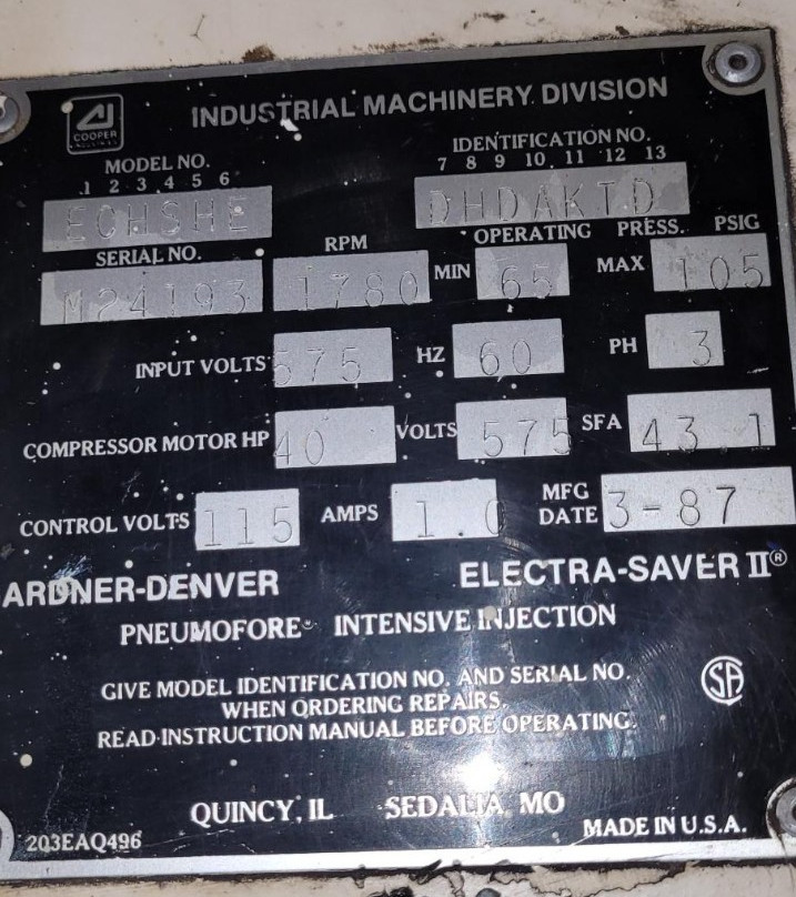 Gardner Denver 40hp Screw Compressor ECHSHE 47469 Hrs
