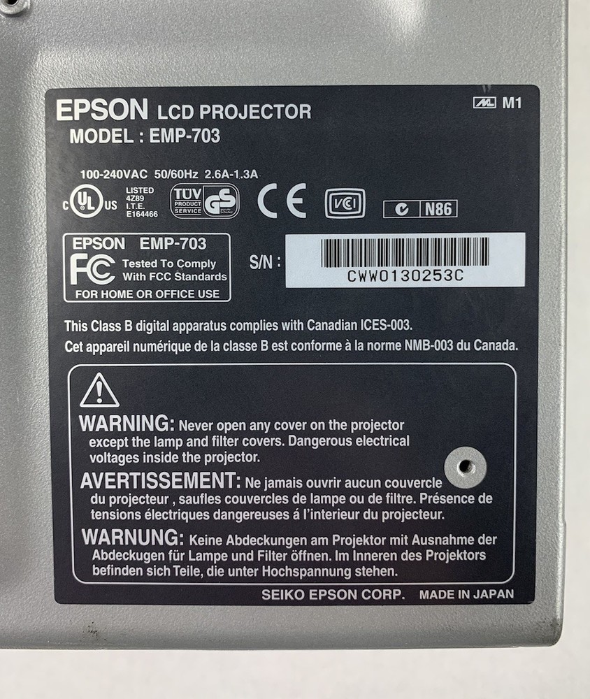 Epson EMP-703 LCD Lamp Projector No Remote No Cords